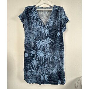 Desmond & Dempsey X H&M Women Tropical Print Blue Shift Dress Blue V-Neck Casual